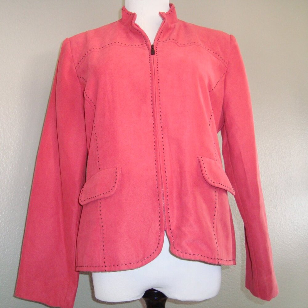 ALFRED DUNNER‎ Suede feel Zip Jacket Lined Light Red Black Stitching sz 10P